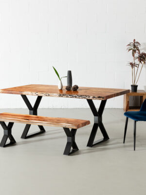 Acacia Live Edge Dining Table with Black X Shaped Legs/Natural Color