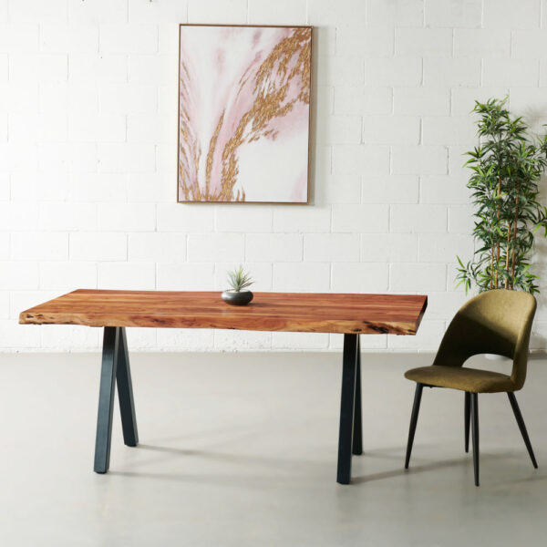 Acacia Solid Wood Live Edge Table with Black Pyramid-Shaped Legs/Natural Color